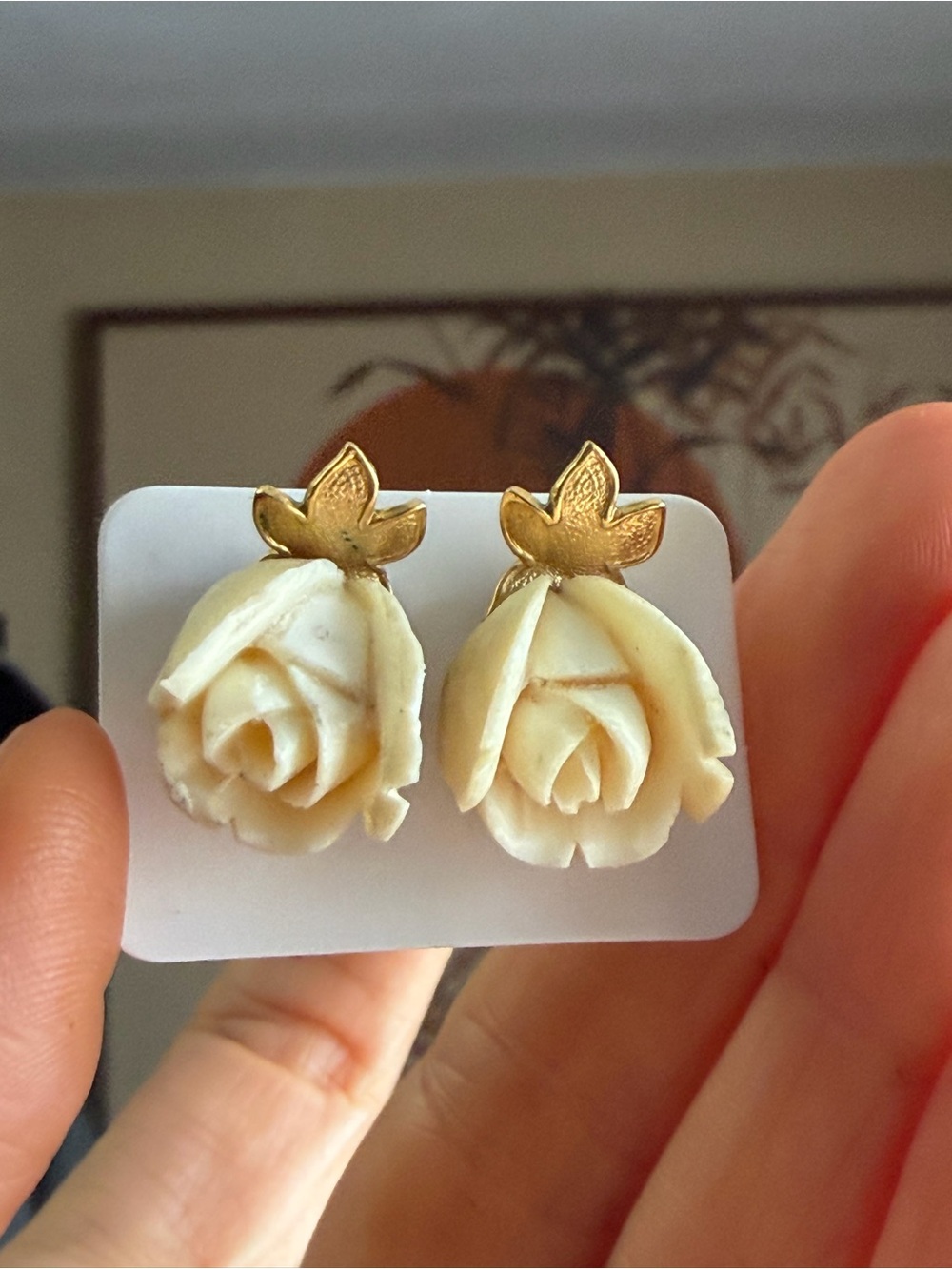 Vintage 14K Gold Filled Carved Cream Cabbage Rose Floral Stud Earrings